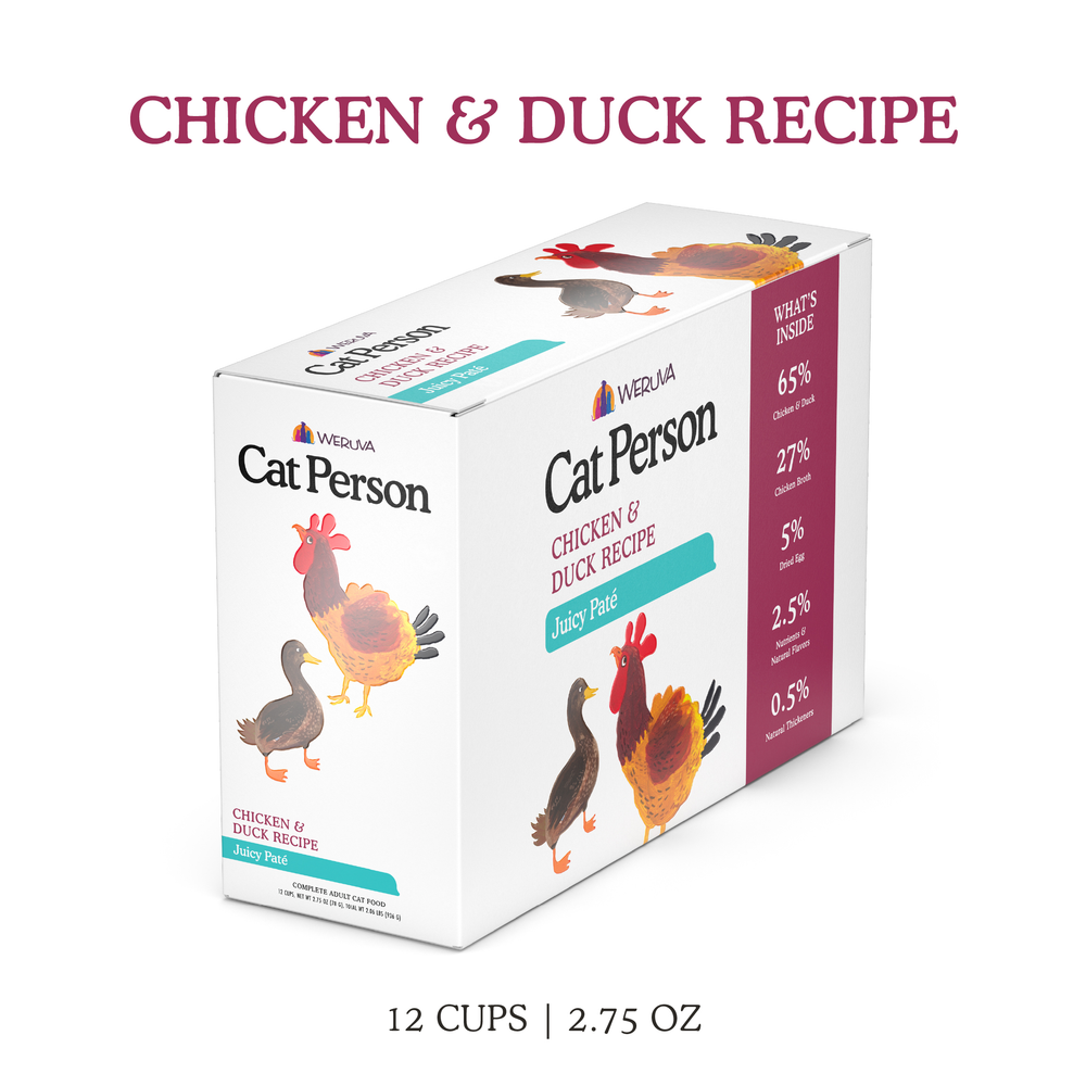 A box of Cat Person Chicken & Duck Juicy Paté cat food featuring illustrations of the birds, with a list of ingredients and percentages on the side panel detailing the high-quality protein.