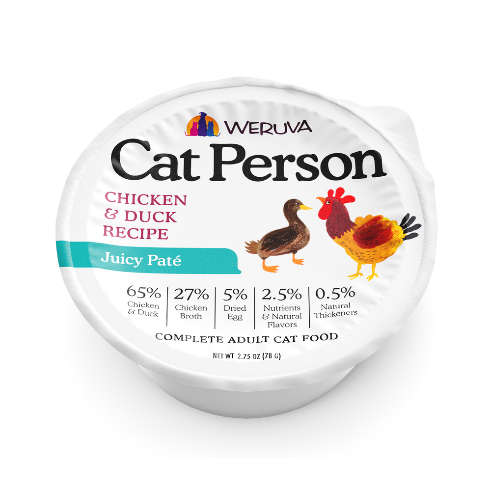 A round container of Cat Person Chicken & Duck Juicy Paté featuring illustrations of the two animals, with a breakdown of high-quality protein ingredients listed as percentages.