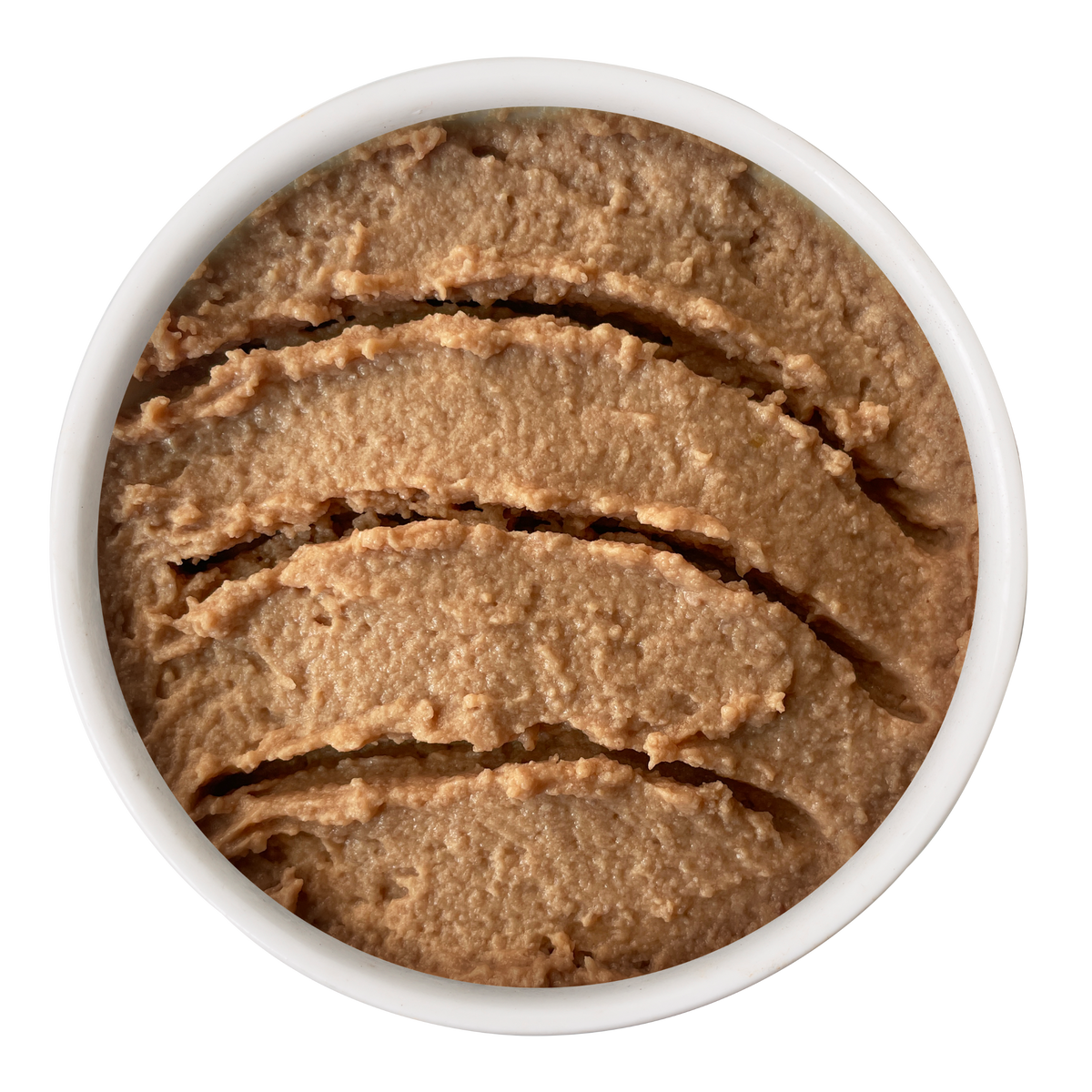 Top-down view of a small white bowl filled with smooth, textured Chicken & Duck Juicy Paté cat food.