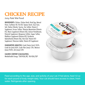 Two stacked single-serving cups of Cat Person Chicken Juicy Paté next to a list of ingredients, guaranteed analysis, and feeding instructions.
