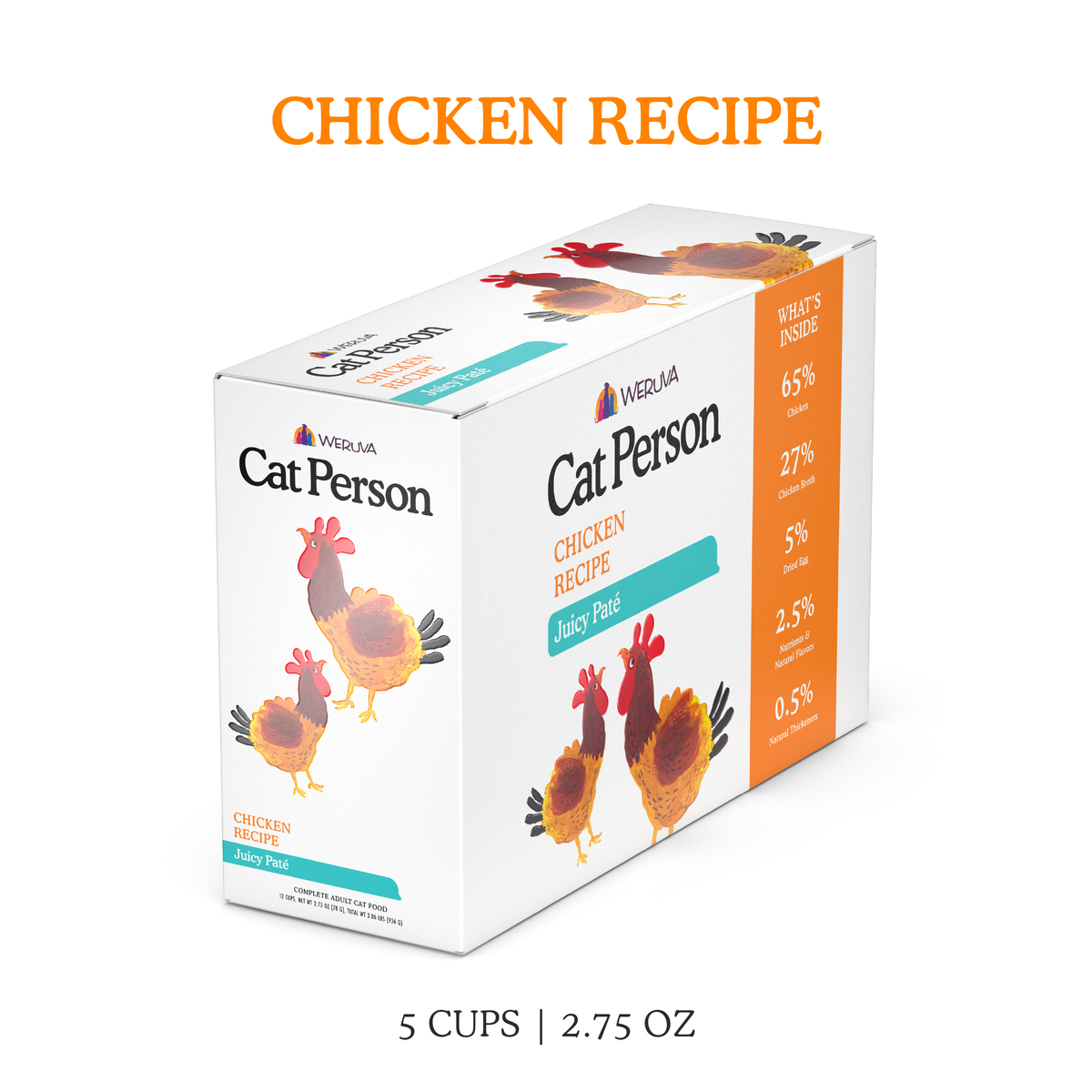 Box of Cat Person Chicken Juicy Paté cat food featuring illustrations of chickens, with a side panel listing ingredients and percentages.