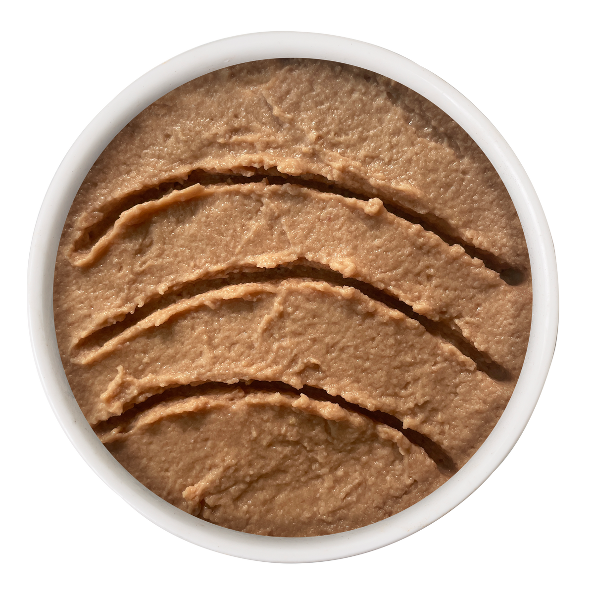 Top-down view of a round container of Cat Person Chicken Juicy Paté, featuring smooth, beige-colored paté with several curved indentations.