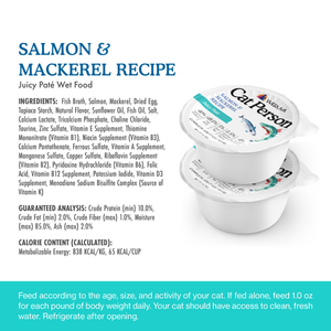 Two stacked containers of Cat Person Salmon & Mackerel Juicy Paté next to a list of ingredients, guaranteed analysis, and calorie content providing high-quality protein for adult cat nutrition.