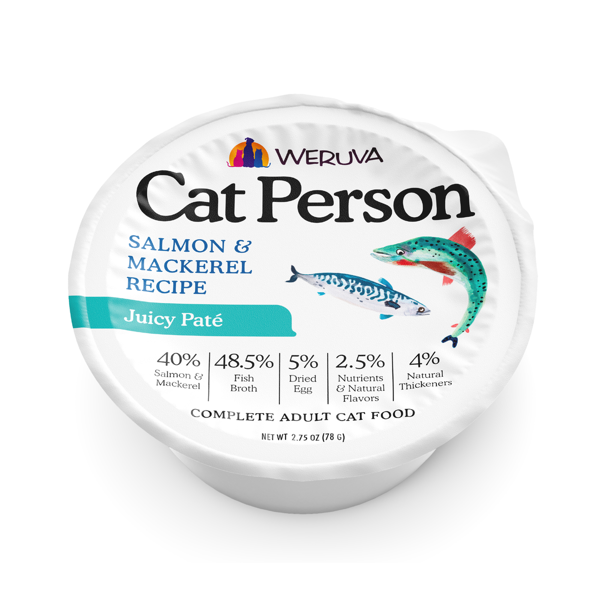 A round single-serving container of Cat Person Salmon & Mackerel Juicy Paté cat food, featuring ingredient illustrations and nutritional details for adult cats.