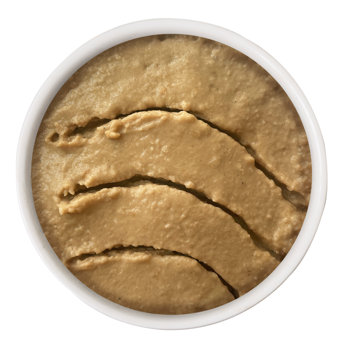 A round container of Cat Person Salmon & Mackerel Juicy Paté, featuring smooth-textured pate with three distinct curved indentations across the surface.