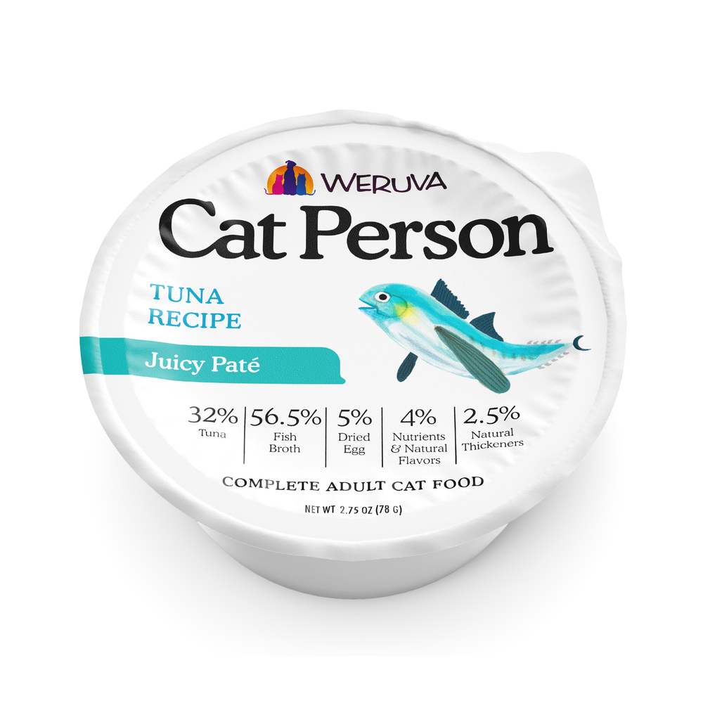 A single-serving cup of Cat Person Tuna Juicy Paté, featuring an illustration of a fish and a label listing ingredients and percentages.
