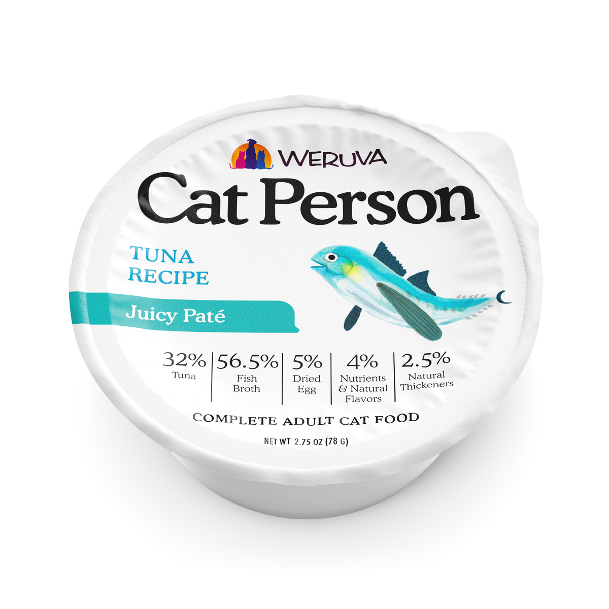 A single-serving cup of Cat Person Tuna Juicy Paté, featuring an illustration of a fish and a label listing ingredients and percentages.