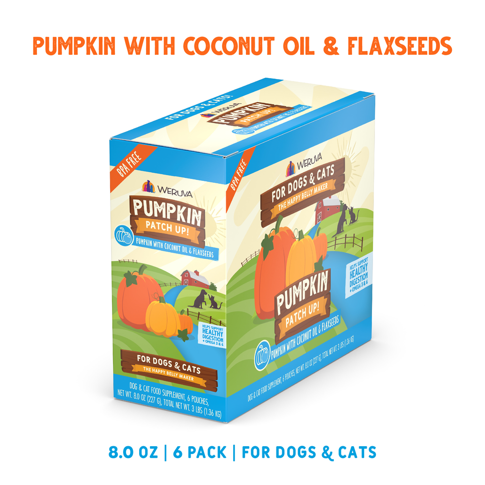 A box of Weruva Pumpkin with Coconut Oil & Flaxseeds Supplement pouches that provide digestive support for dogs and cats.