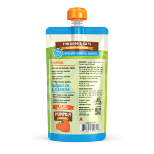 A Weruva Pumpkin with Coconut Oil & Flaxseeds Supplement pouch for dogs and cats that provides digestive support, featuring nutritional information, feeding instructions, and a barcode.