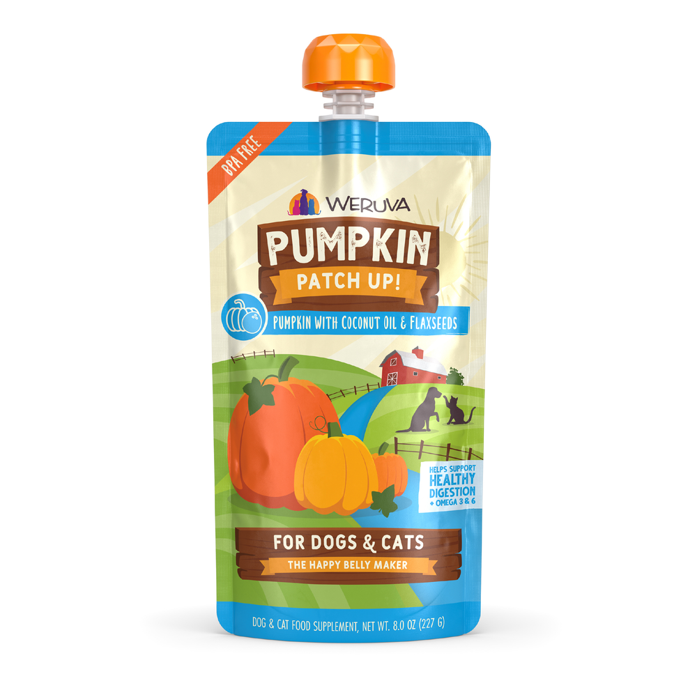 Weruva Pumpkin with Coconut Oil & Flaxseeds Supplement pouch for dogs and cats, featuring illustrations of pumpkins and a farm.