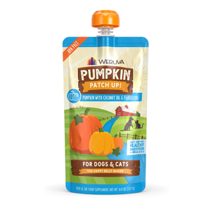 Weruva Pumpkin with Coconut Oil & Flaxseeds Supplement pouch for dogs and cats, featuring illustrations of pumpkins and a farm.