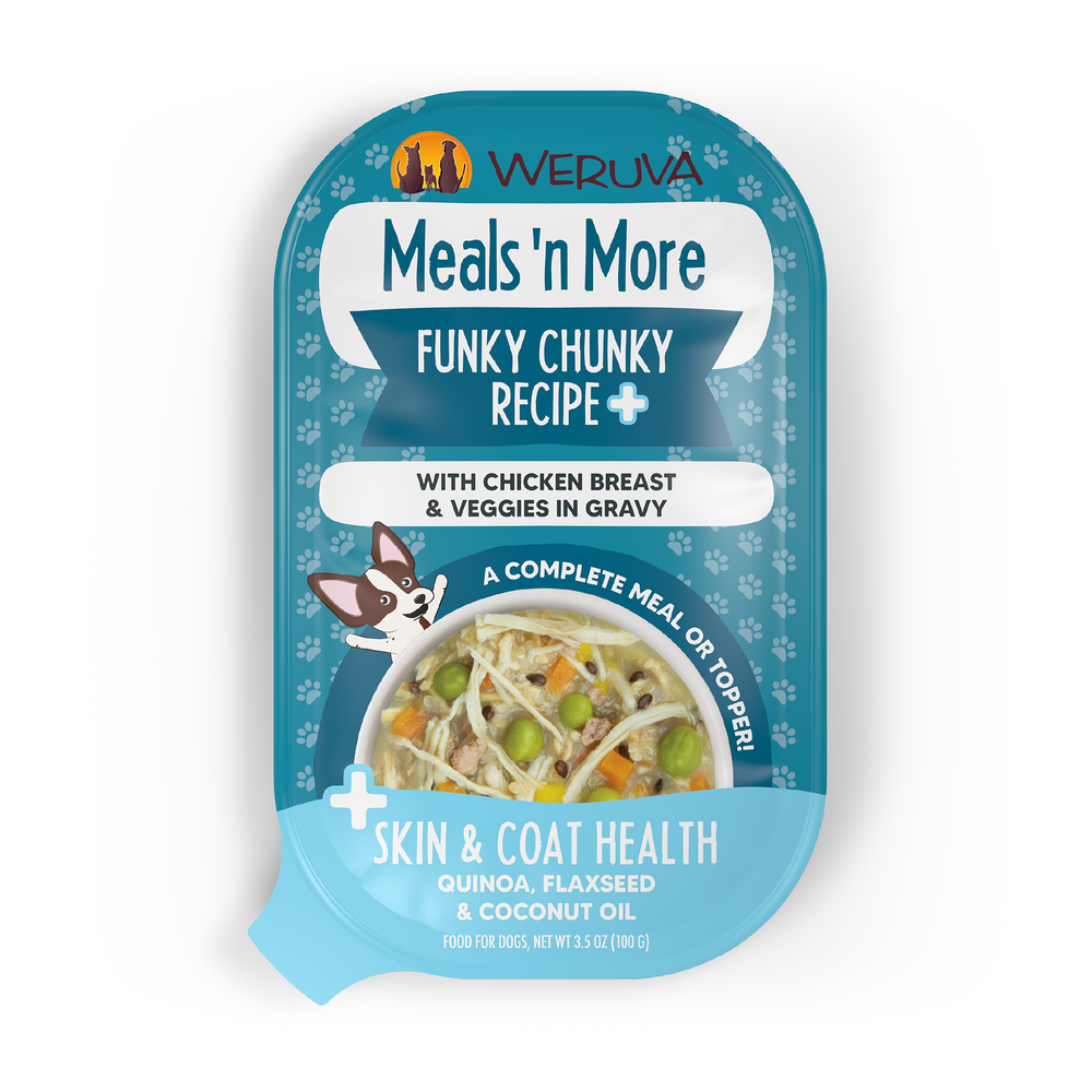 A blue Weruva Funky Chunky Recipe Plus dog food pouch features white meat chicken and veggies in gravy for healthy skin. The pouch shows a shiny coat benefit and a bowl of food with visible vegetables.