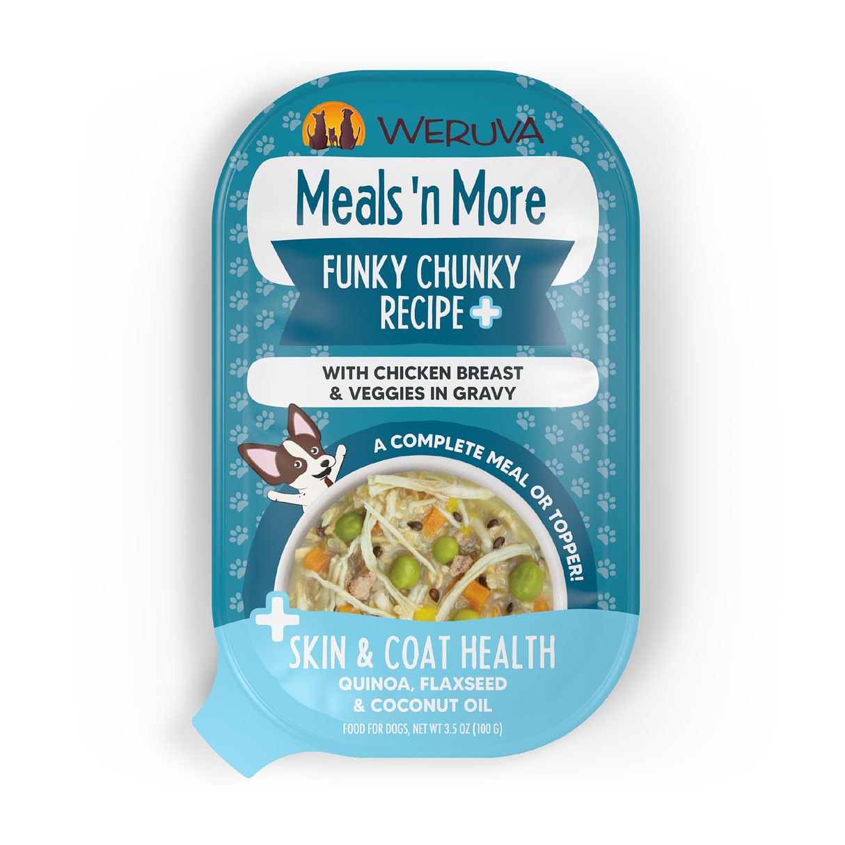 A blue Weruva Funky Chunky Recipe Plus dog food pouch features white meat chicken and veggies in gravy for healthy skin. The pouch shows a shiny coat benefit and a bowl of food with visible vegetables.