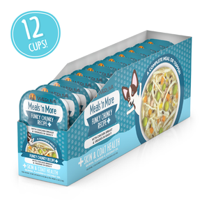A Weruva Funky Chunky Recipe Plus display box includes 12 cups of white meat chicken dog food with pumpkin and veggies, crafted to support healthy skin and a shiny coat.