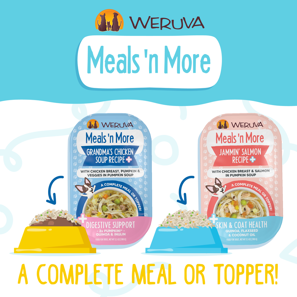 Two Weruva Funky Chunky Recipe Plus pet food packs are shown, with kibble in bowls. Text highlights “A COMPLETE MEAL OR TOPPER!” and meal benefits.