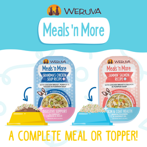 Two Weruva Funky Chunky Recipe Plus pet food packs are shown, with kibble in bowls. Text highlights “A COMPLETE MEAL OR TOPPER!” and meal benefits.