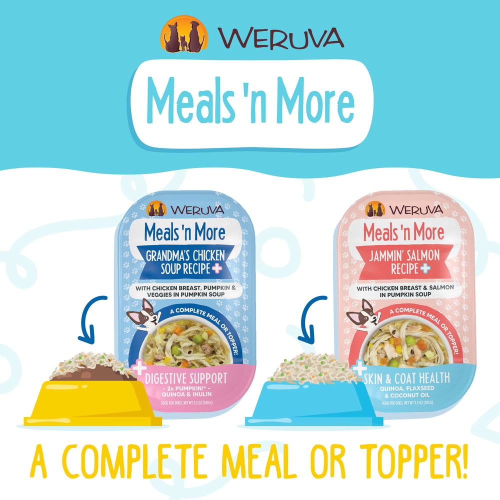 Two Weruva Meals n More pouches—Steak Frites Recipe Plus—are shown above bowls. Text highlights digestive support plus healthy skin and shiny coat. Slogan: A complete meal or convenient dog meal topper!.
