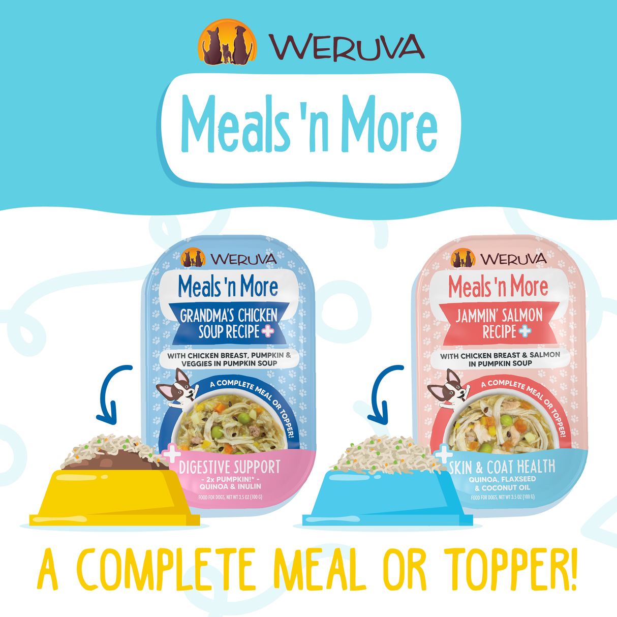 Two Weruva Meals n More pouches—Steak Frites Recipe Plus—are shown above bowls. Text highlights digestive support plus healthy skin and shiny coat. Slogan: A complete meal or convenient dog meal topper!.
