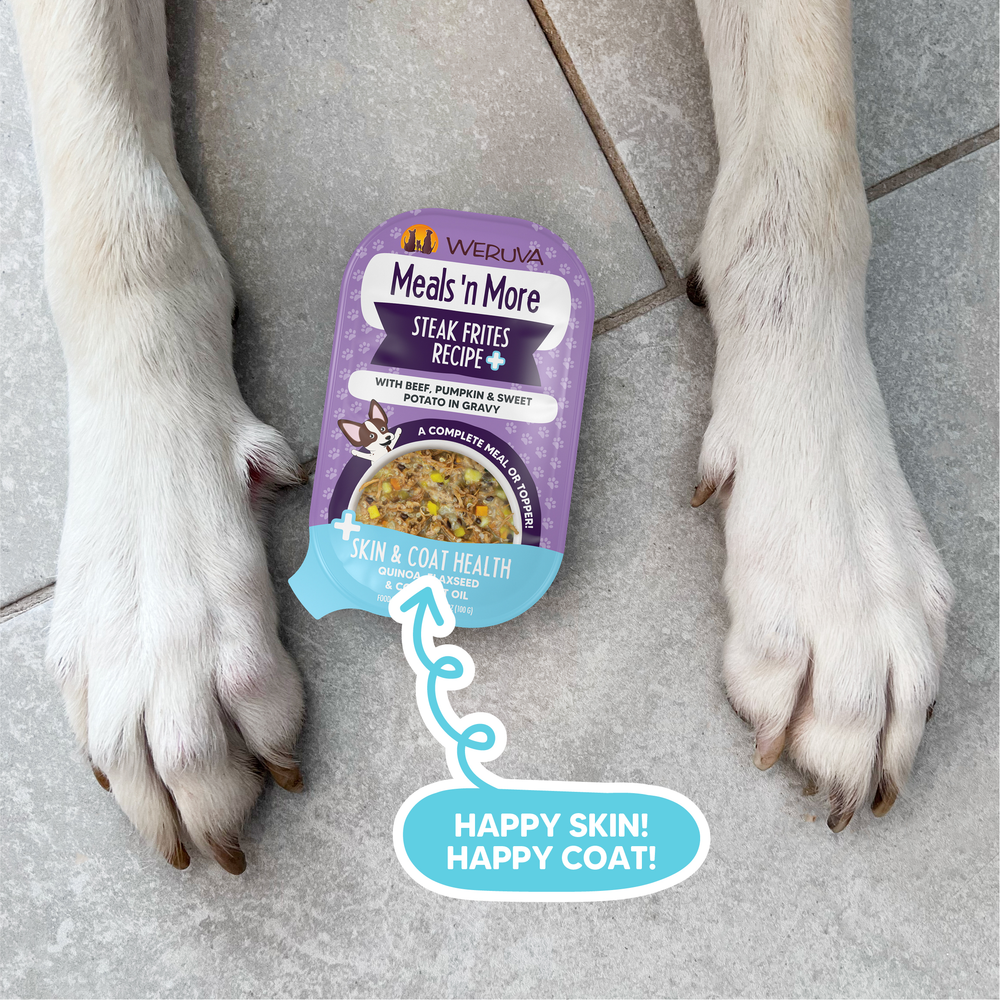 A dog’s front paws are on a tiled floor beside a Weruva Steak Frites Recipe Plus packet, a grass-fed beef dog food supporting healthy skin and shiny coat, with an arrow and text: “HAPPY SKIN! HAPPY COAT!”.