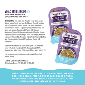 Two Weruva Steak Frites Recipe Plus Meals n More dog food pouches are shown. Made with grass-fed beef for healthy skin and shiny coat. Ingredients, guaranteed analysis, and feeding guidelines appear above a teal advice box.