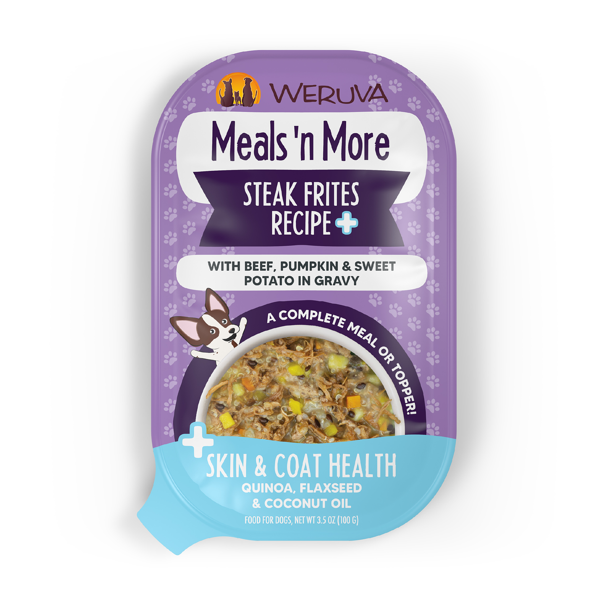 A purple Weruva pouch labeled “Steak Frites Recipe Plus” features grass-fed beef, pumpkin, and sweet potato in gravy for skin and coat health. The convenient package displays food imagery and a cartoon dog.