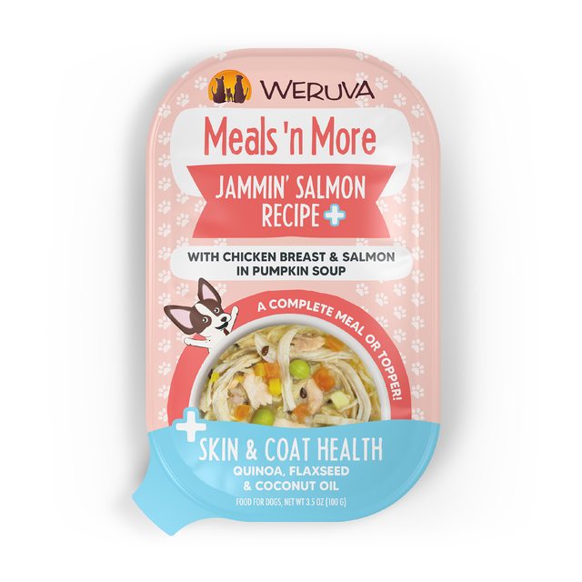 A pink and blue Weruva pouch labeled Jammin' Salmon Recipe Plus shows an image of dog food with chicken breast, wild-caught salmon in pumpkin soup, plus ingredients to support a shiny coat and healthy skin.