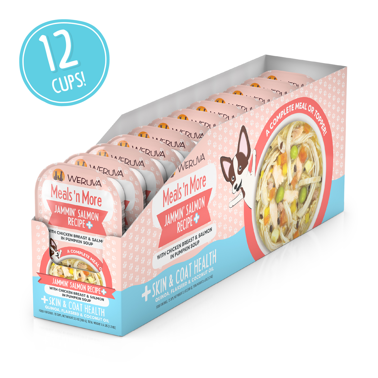 Display box of Weruva Jammin' Salmon Recipe Plus cat food, containing 12 cups. Made with wild-caught salmon, packaging promotes healthy skin and shiny coat, featuring images of chicken, salmon, and broth.