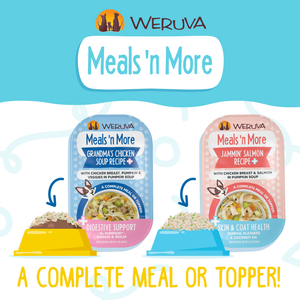 Two Weruva Jammin' Salmon Recipe Plus pet food pouches, one blue and one pink, are pictured above bowls with the text: “A COMPLETE MEAL OR TOPPER!” promoting healthy skin and a shiny coat.