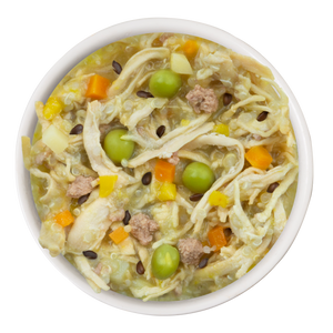 Weruva Grandma's Chicken Soup Recipe Plus is a bowl of real white meat chicken, peas, diced carrots, potato pieces, ground meat, and grains in light broth—easy to digest—pictured from above on a white background.