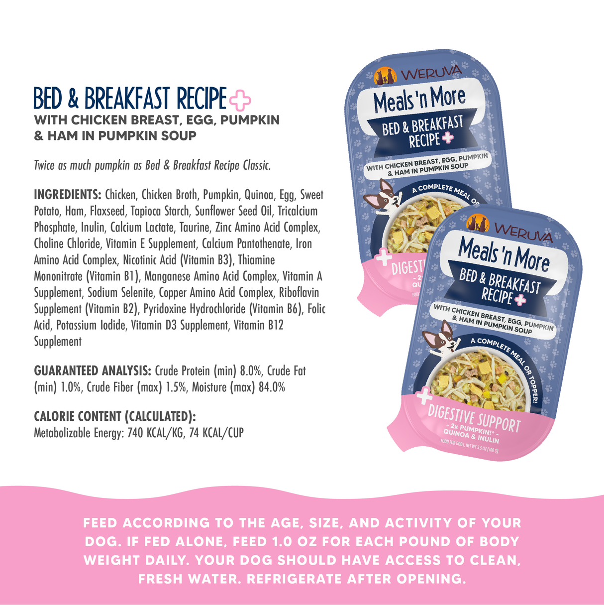 Two packages of Weruva Bed and Breakfast Recipe Plus cat food, with real white meat chicken, egg, pumpkin, and ham in pumpkin soup, are shown on a pink and white background with feeding instructions for easy digestion.