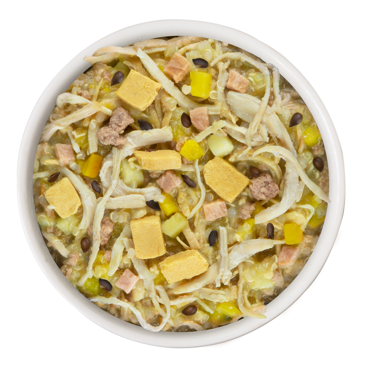 A white bowl of Weruva Bed and Breakfast Recipe Plus shows a mixed dog meal with real white meat chicken, yellow cubes, diced veggies, brown beans, and grains for easy digestion. The bowl sits against a plain white background.