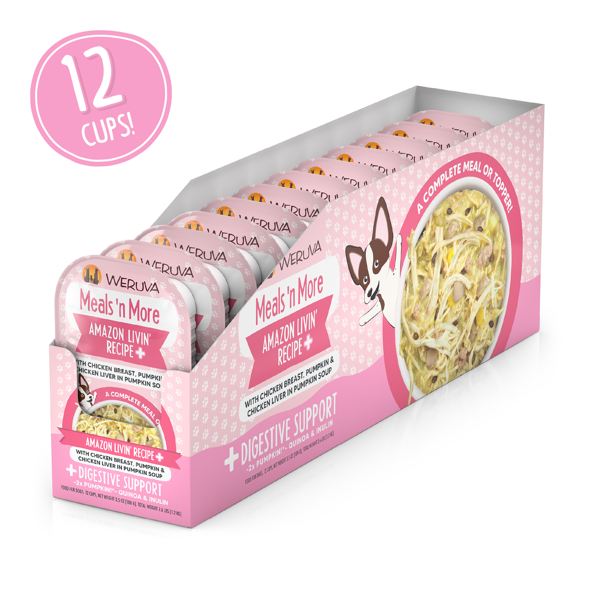 Weruva’s Amazon Livin' Recipe Plus cat food, 12-pack pouches, features chicken, pumpkin, and lentils for easy digestion. Packaging shows a bowl and cat illustration.