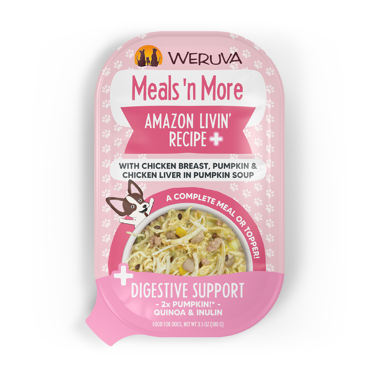 A container of Weruva Amazon Livin' Recipe Plus real chicken dog food with pumpkin and chicken liver in pumpkin soup for easy digestion, offering digestive support in convenient meal cups with pink packaging.