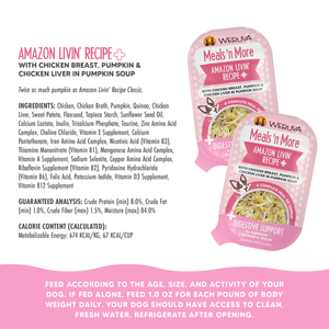 Weruva Amazon Livin' Recipe Plus wet cat food features chicken, pumpkin, and pumpkin soup in pink and white packaging. Nutrition facts, easy digestion benefits, ingredients, feeding instructions, and analysis panel are all included.