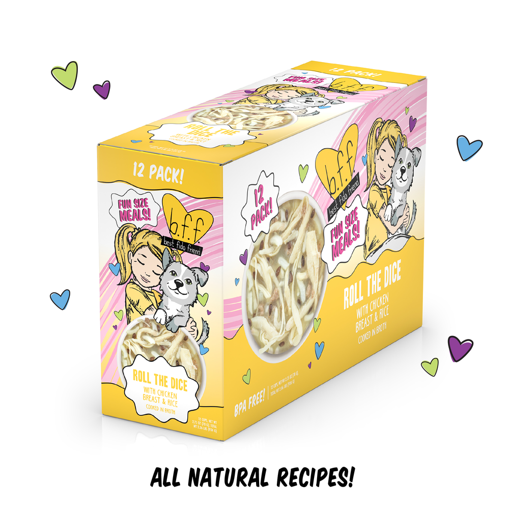 A colorful 12-pack box of BFF Best Fido Friend Roll The Dice features a cartoon girl hugging a cat, hearts, and “Roll the Dice with Chicken Breast & Rice.” Enjoy all natural chicken and rice dog food cooked in broth!.