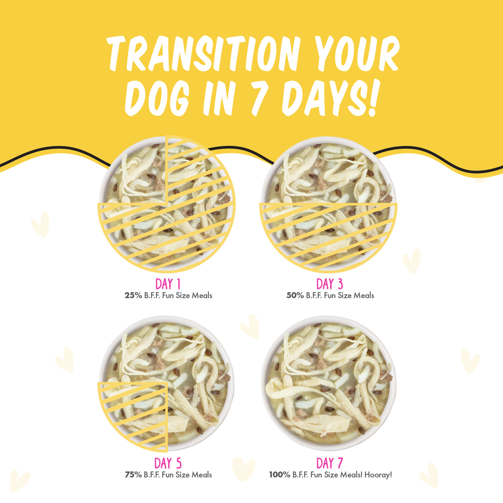 Four bowls on a yellow and white background show how to transition your dog to BFF Best Fido Friend Roll The Dice: 25%, 50%, 75%, and 100% new food over seven days, ensuring a tasty, gradual switch for your dog’s diet.