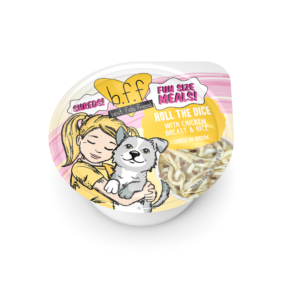 A container of BFF Best Fido Friend Roll The Dice dog food features chicken breast and rice in broth, with packaging that shows a smiling girl hugging a happy gray and white pup.