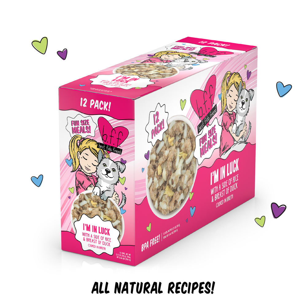 A 12-pack box of BFF Best Fido Friend I'm In Luck Fun Size Meals cat food is shown, with a cartoon girl hugging a white cat, colorful hearts, and a bowl. Text reads "I'm In Luck" and "All Natural Recipes!" Meals are cooked in broth for extra flavor.