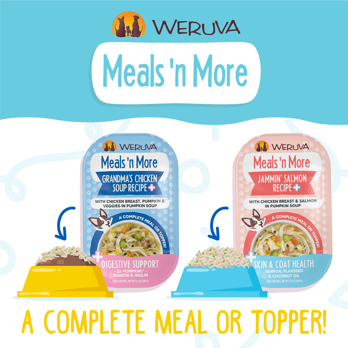 Two Weruva Woof Woof Floof Variety Pack dog food packs are shown above two full dog bowls. Text: A COMPLETE MEAL OR TOPPER! with omega-rich recipes for digestive support and a shiny coat.