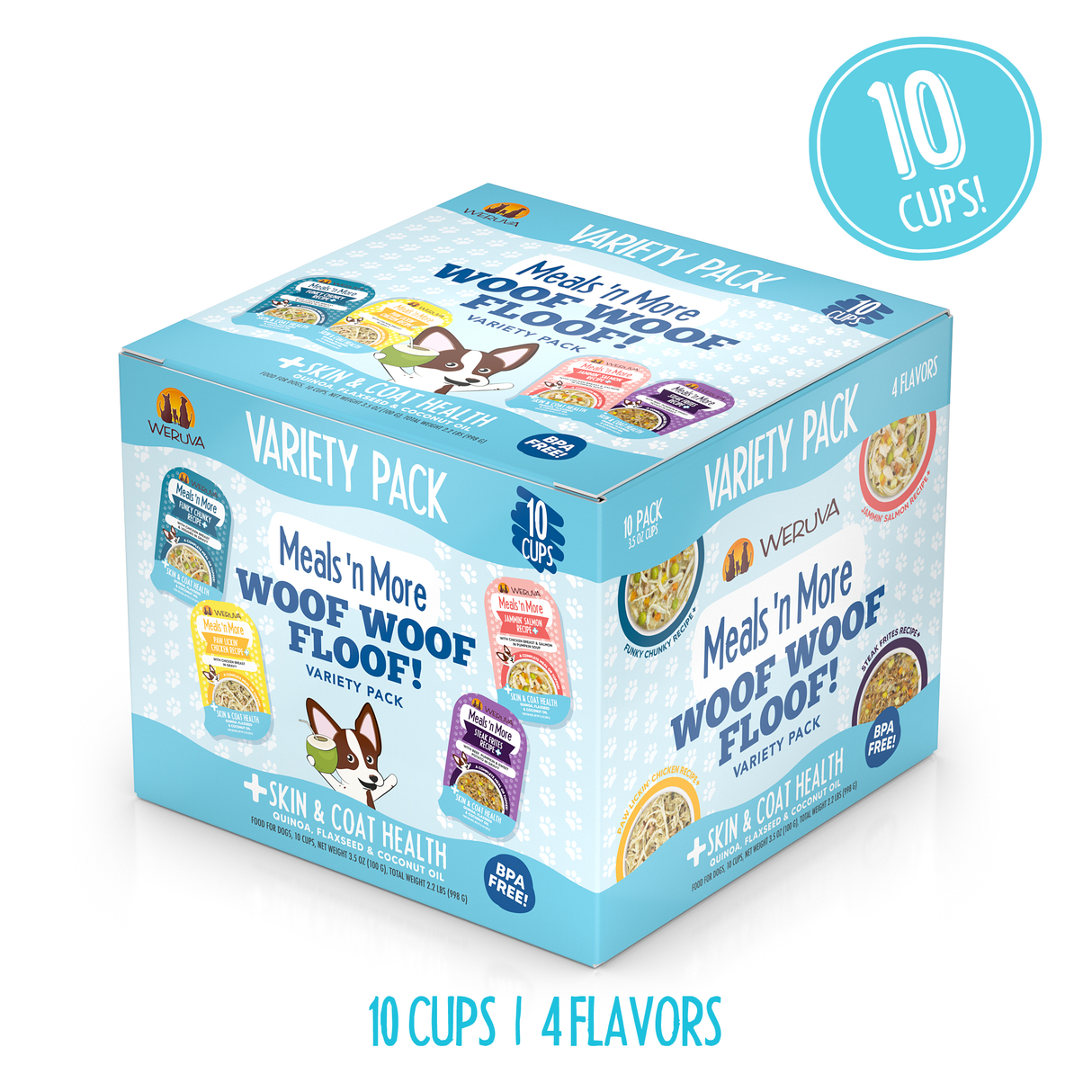 The Weruva Woof Woof Floof Variety Pack includes 10 omega-rich dog food cups in 4 flavors to promote healthy skin and a shiny coat. The blue and white packaging displays the cups with a cartoon dog.