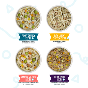 The Weruva Woof Woof Floof Variety Pack includes four bowls: Funky Chunky (chicken & veggies), Paw Lickin Chicken, Jammin Salmon (chicken & salmon in pumpkin soup), and Steak Frites (beef, pumpkin & sweet potato).