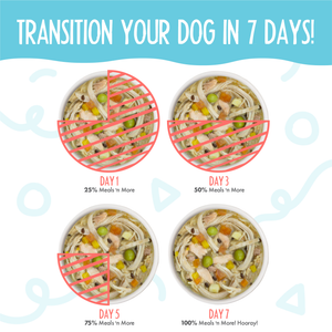 Four bowls of dog food show rising amounts of Weruva’s Woof Woof Floof Variety Pack: 25% on day 1, 50% on day 3, 75% on day 5, and all by day 7. Text reads Transition in 7 days for healthy skin and a shiny coat!.