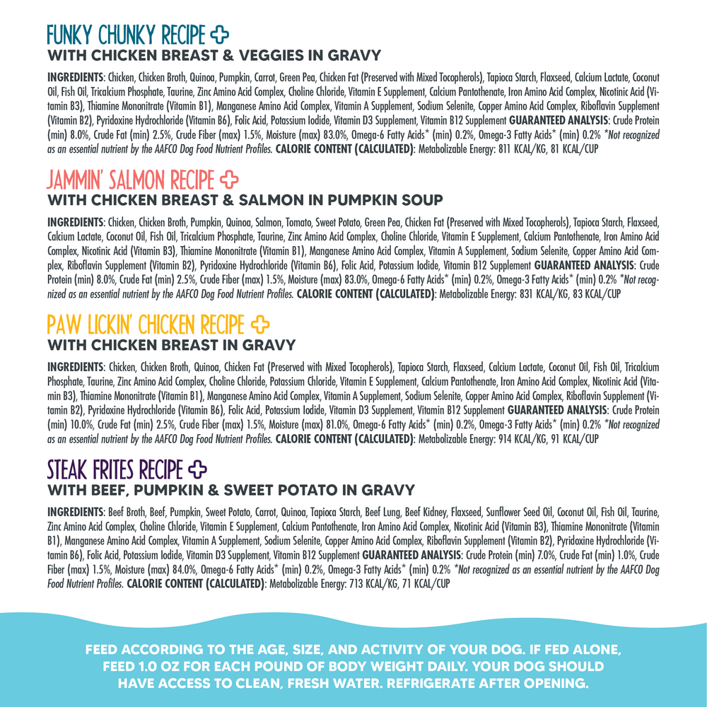 A food label for Weruva Woof Woof Floof Variety Pack featuring four omega-rich dog recipes that support a shiny coat and healthy skin, with full ingredients, guaranteed analysis, and feeding instructions.