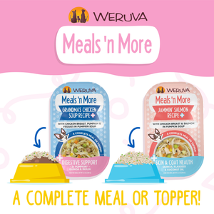 Two Weruva Belly Belly Nice Variety Pack dog meals are shown above illustrated bowls. Text highlights gentle digestion with prebiotic fiber, skin & coat health, and “A complete meal or topper!”.