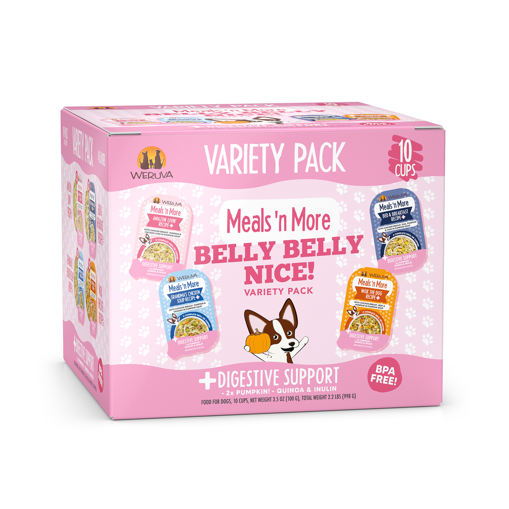 A pink box of Weruva Belly Belly Nice Variety Pack, showing food cups, cartoon dog and cat, and benefits like prebiotic fiber for gentle digestion and BPA free; contains 10 dog meal cups.