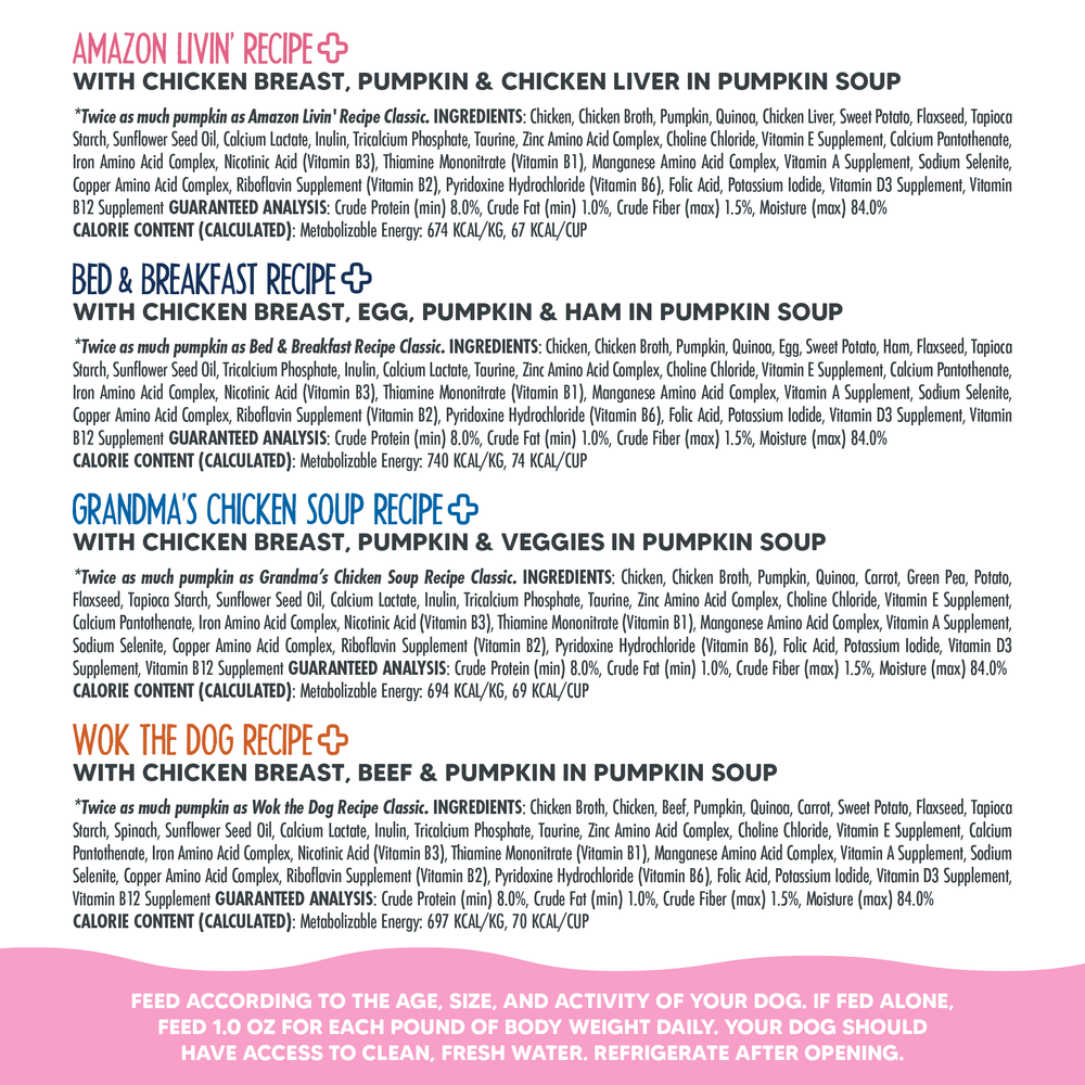 Discover Weruva’s Belly Belly Nice Variety Pack—four gentle-digestion dog food recipes: Amazon Livin, Bed & Breakfast, Grandma’s Chicken Soup, and Wok the Dog. Includes ingredients, calorie info, feeding instructions, and feeding advice on a pink banner.