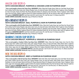 Discover Weruva’s Belly Belly Nice Variety Pack—four gentle-digestion dog food recipes: Amazon Livin, Bed & Breakfast, Grandma’s Chicken Soup, and Wok the Dog. Includes ingredients, calorie info, feeding instructions, and feeding advice on a pink banner.