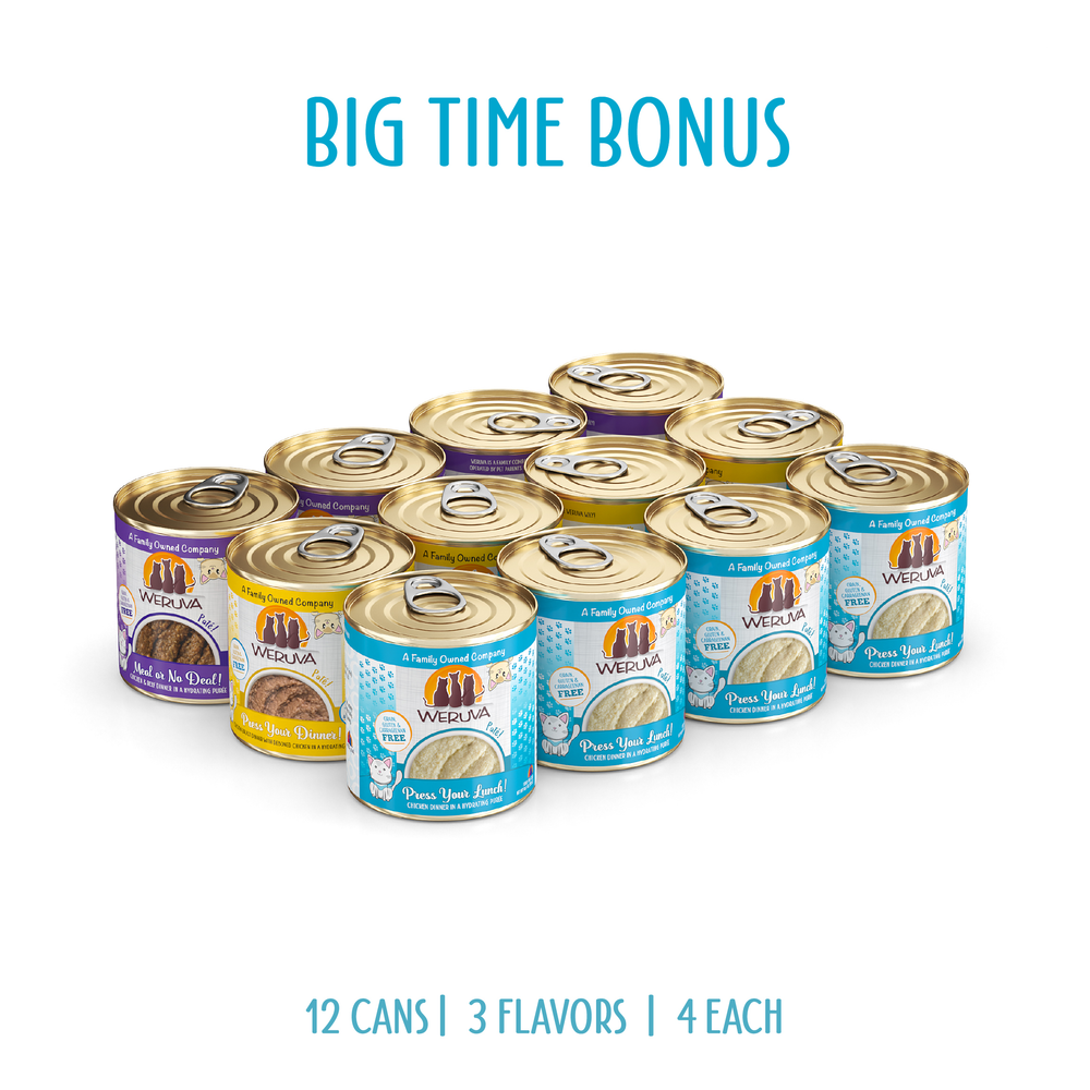 Weruva Big Time Bonus Round is a pack of hydrating, bone-free protein cat food cans, offering your feline delicious flavor and complete nutrition.
