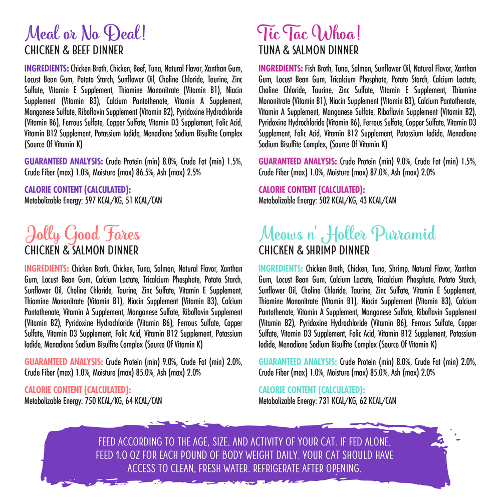 Weruva Grand Prize Patés cat food label features four colorful flavor sections: cage-free chicken & beef, wild-caught tuna & salmon, chicken & salmon, and chicken & shrimp. Nutritional info and feeding instructions are at the bottom.