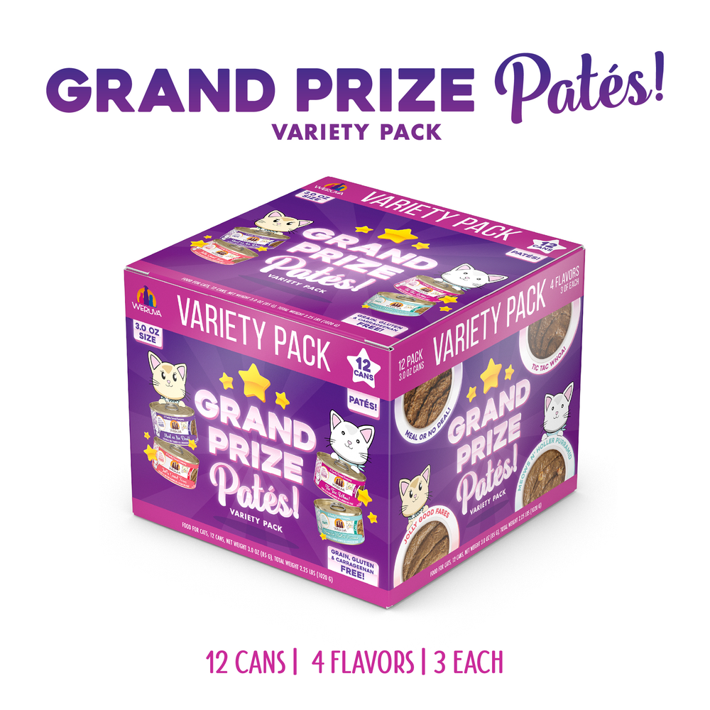 A purple Weruva Grand Prize Patés Variety Pack box shows cats, 12 cans, 4 flavors—including hydrating patés with wild-caught tuna and cage-free chicken—and images of the canned food inside.